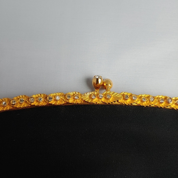 Vtg Harry Levine Black Satin Evening Clutch HL 24K Gold Plated Rhinestones Folds - Picture 4 of 16